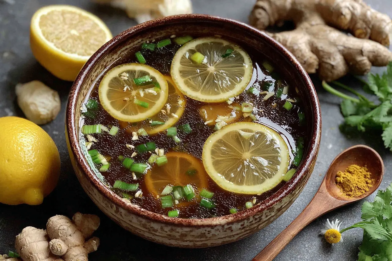 Miso Ginger Broth served with lemon slices, herbs, and fresh ginger root