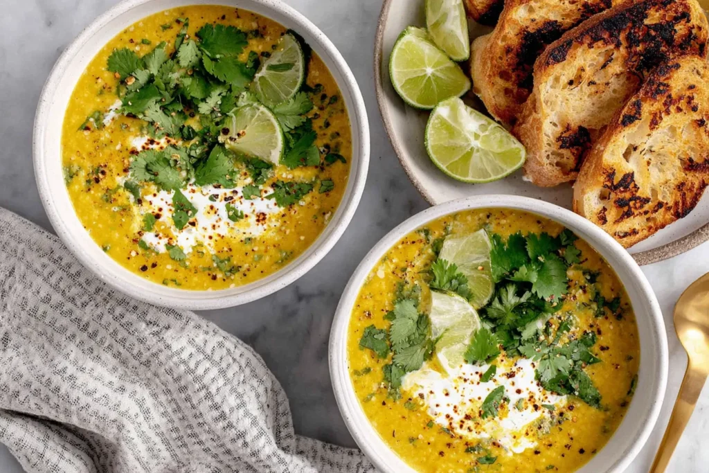 Healing Turmeric Cauliflower Soup topped with fresh herbs and lime, served with toasted bread