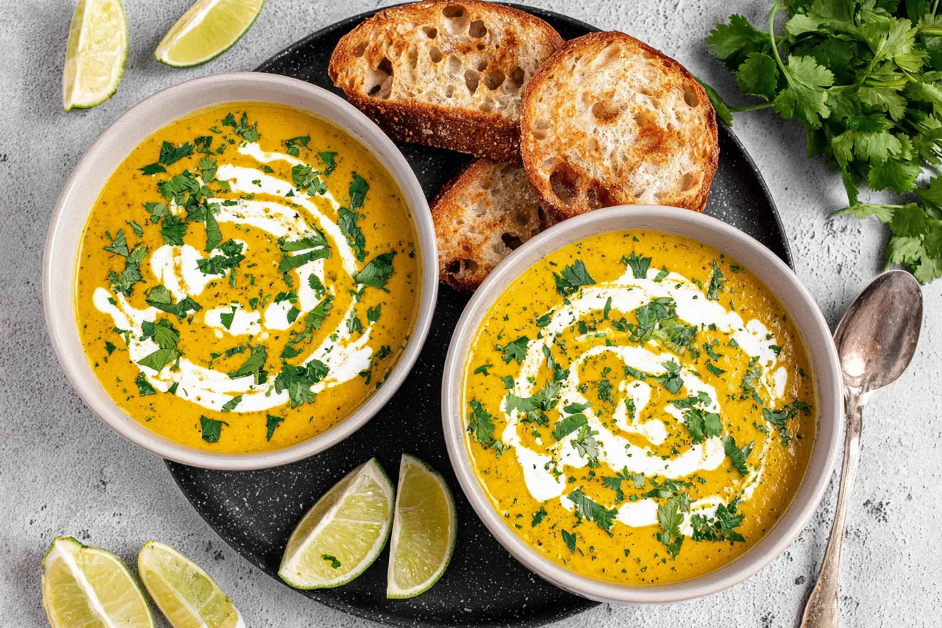 Healing Turmeric Cauliflower Soup with creamy swirl and fresh cilantro