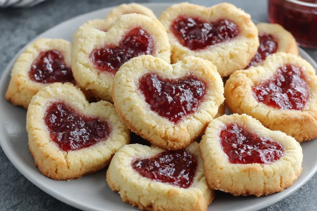 Heart Jam Cookies arranged on a plate with rich raspberry jam filling and lightly golden edges
