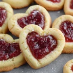Heart Jam Cookies with buttery shortbread and raspberry jam centers baked to golden perfection