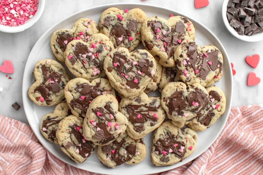 Heart Shaped Chocolate Chip Cookies stacked on a white plate with melted chocolate