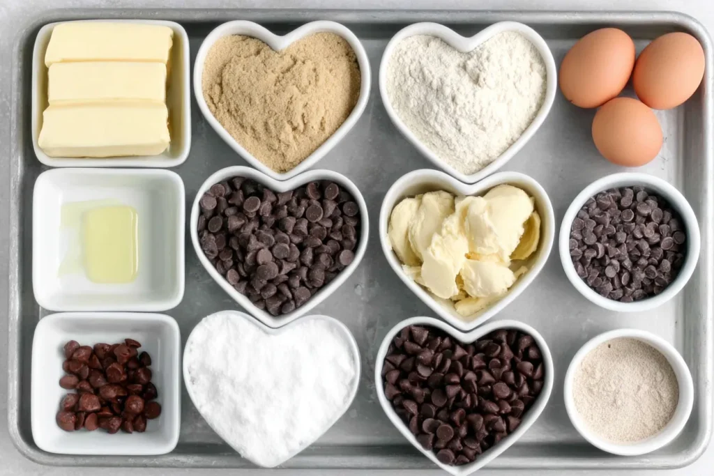 Heart Shaped Chocolate Chip Cookies ingredients arranged in heart-shaped bowls on a baking tray