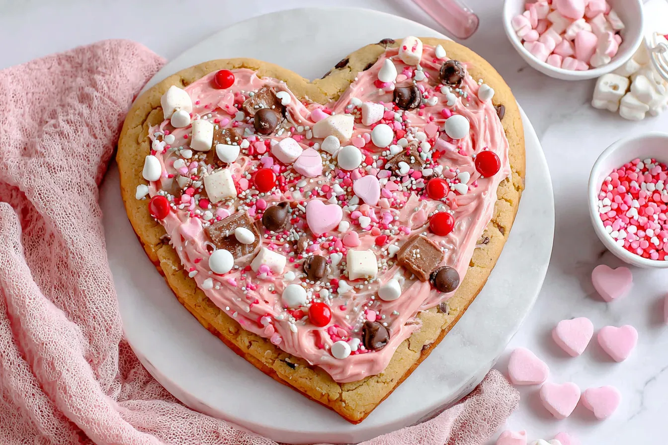 Heart Shaped Cookie Cake topped with pink frosting, candy hearts, and chocolate pieces for Valentine’s Day