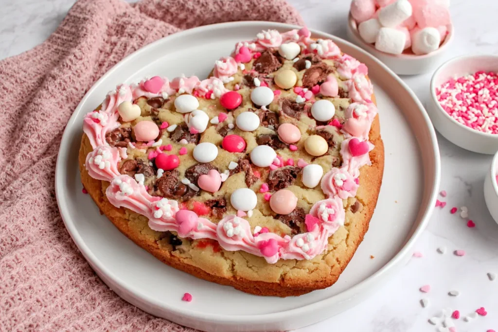 Heart Shaped Cookie Cake decorated with pink buttercream, chocolate chips, and Valentine sprinkles on a white plate