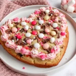 Heart Shaped Cookie Cake decorated with pink buttercream, chocolate chips, and Valentine sprinkles on a white plate