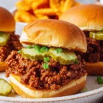 Homemade Sloppy Joes served on soft buns with pickles and classic toppings