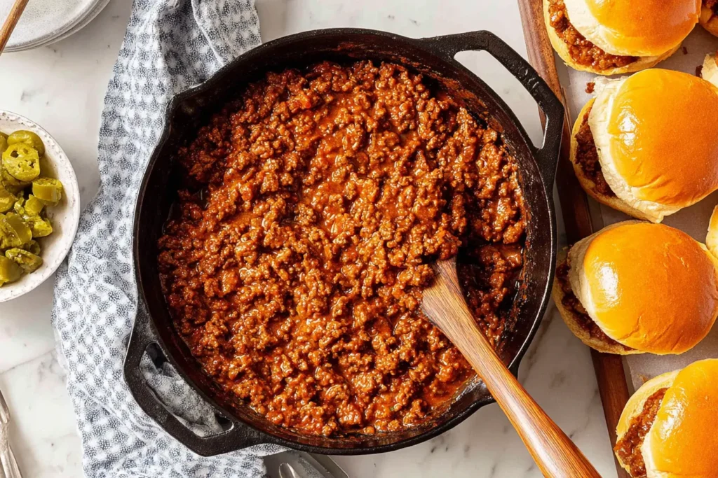 Homemade Sloppy Joes simmering in a cast iron skillet with rich, saucy ground beef
