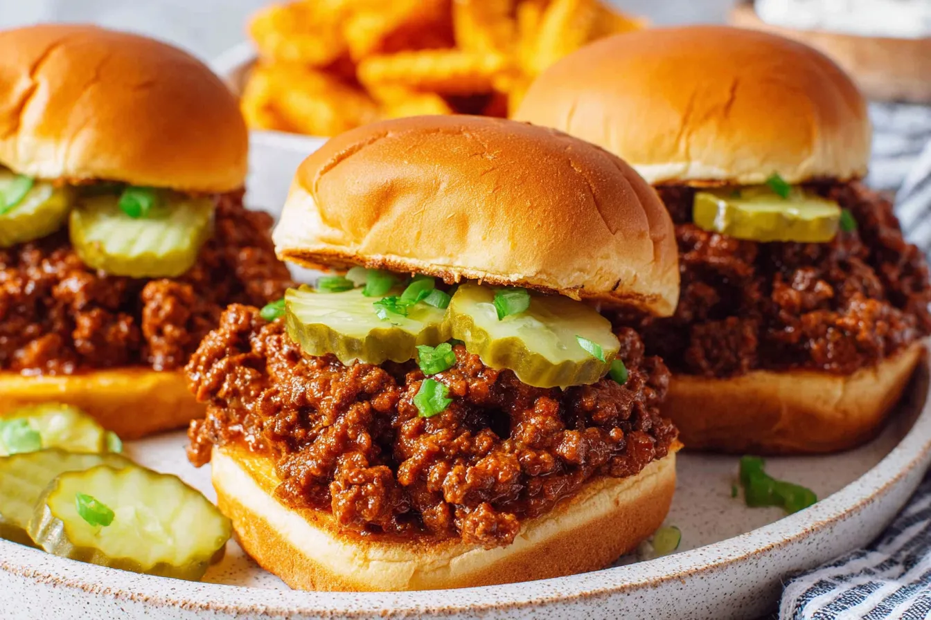Homemade Sloppy Joes served on soft buns with pickles and classic toppings