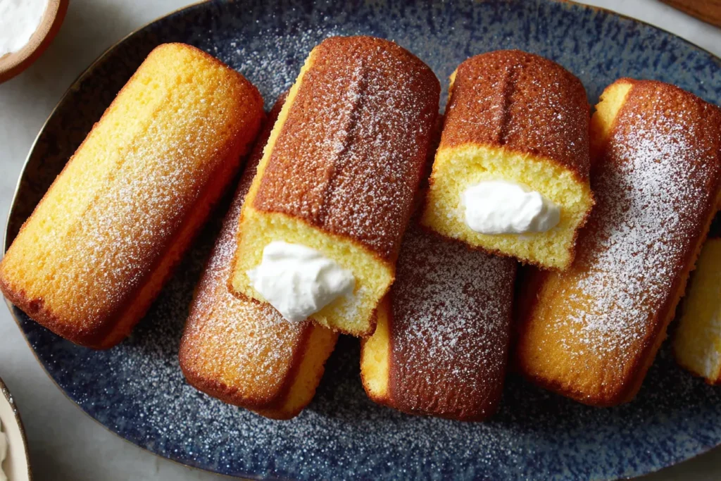 Homemade Twinkies arranged on a plate with powdered sugar and marshmallow cream filling
