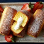 Homemade Twinkies dusted with powdered sugar and filled with creamy marshmallow filling