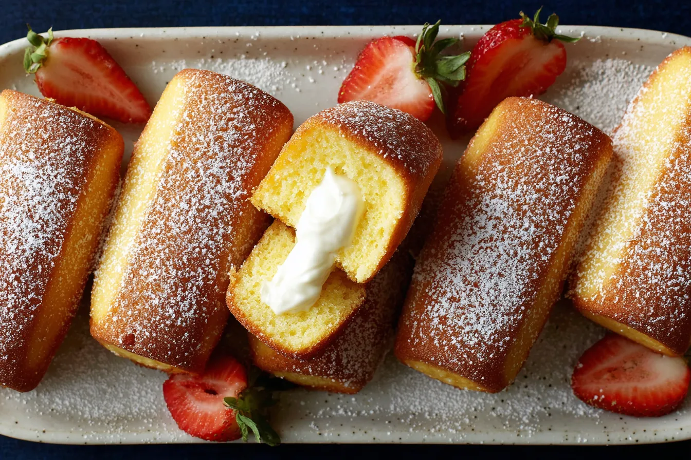 Homemade Twinkies dusted with powdered sugar and filled with creamy marshmallow filling