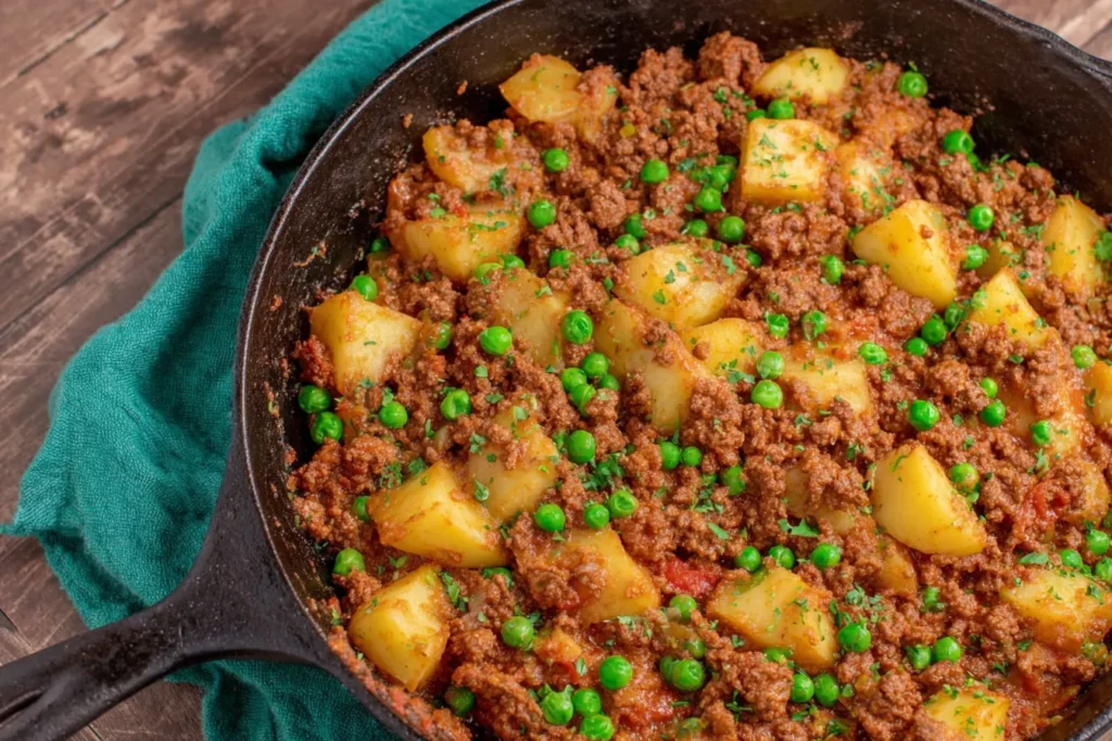 Indian Keema Aloo cooked in a skillet with ground beef, potatoes, peas, and aromatic spices