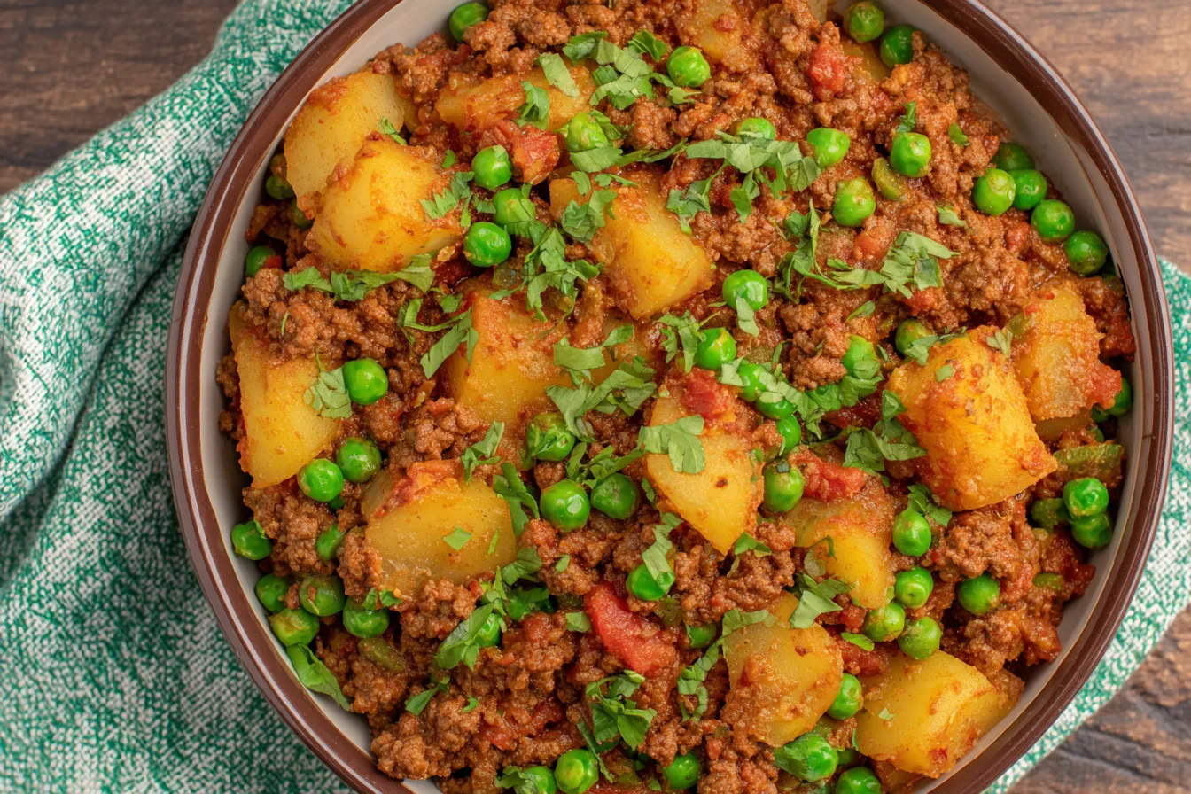 Indian Keema Aloo made with ground beef, tender potatoes, peas, and warm spices served in a rustic bowl