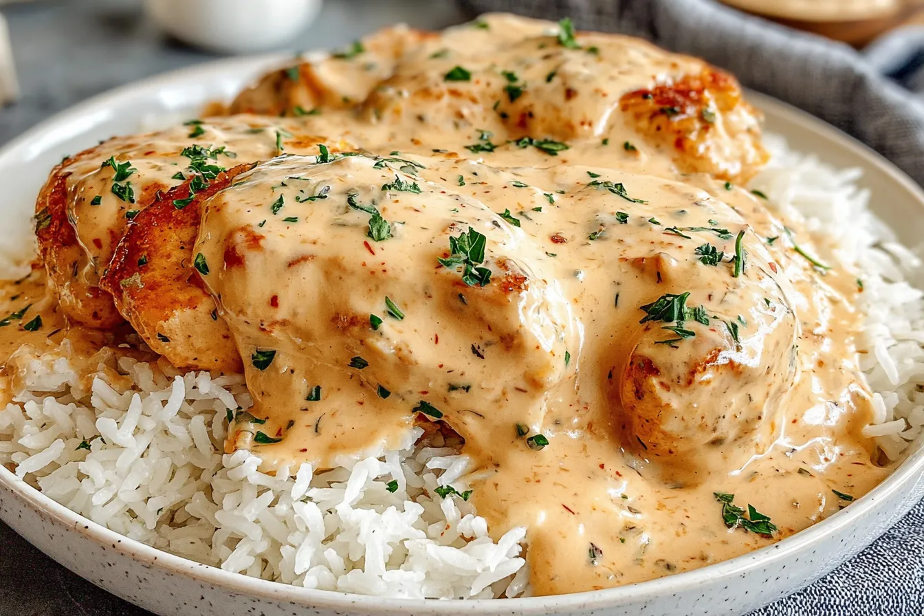Best Smothered Chicken and Rice Recipe with tender chicken and homemade creamy sauce