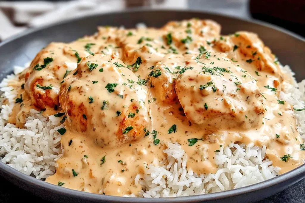 Best Smothered Chicken and Rice Recipe served with creamy gravy over fluffy white rice