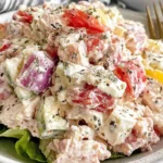 Italian Grinder Chicken Salad with creamy dressing, tomatoes, cucumbers, and red onion