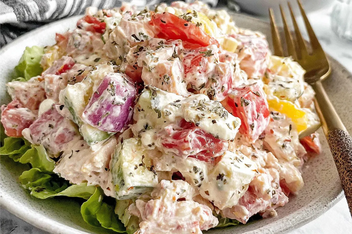 Italian Grinder Chicken Salad with creamy dressing, tomatoes, cucumbers, and red onion