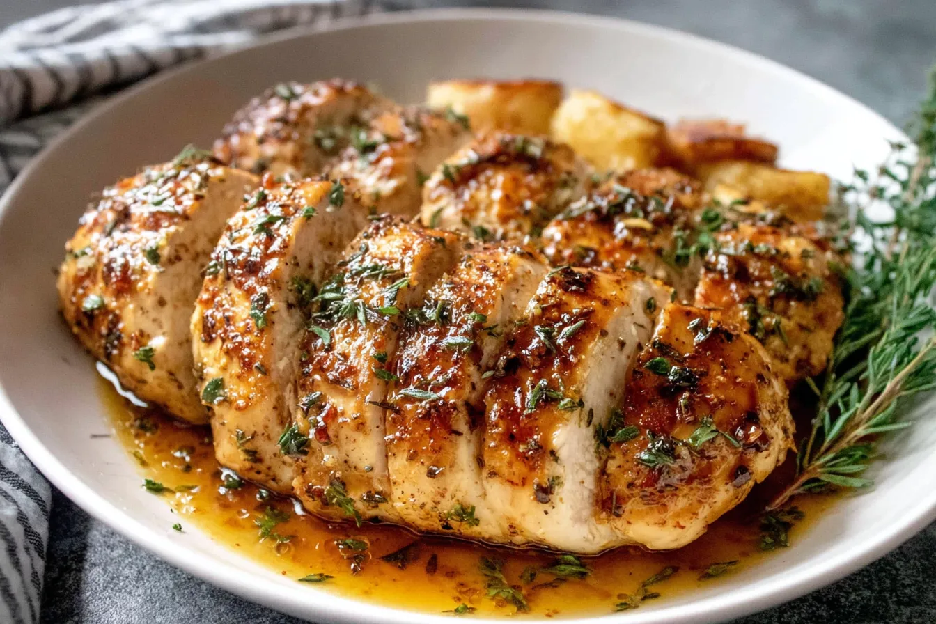 Juicy Slow Cooker Chicken Breast Recipe plated with herbs and buttery sauce