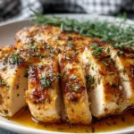 Juicy Slow Cooker Chicken Breast Recipe sliced and served with garlic herb butter sauce