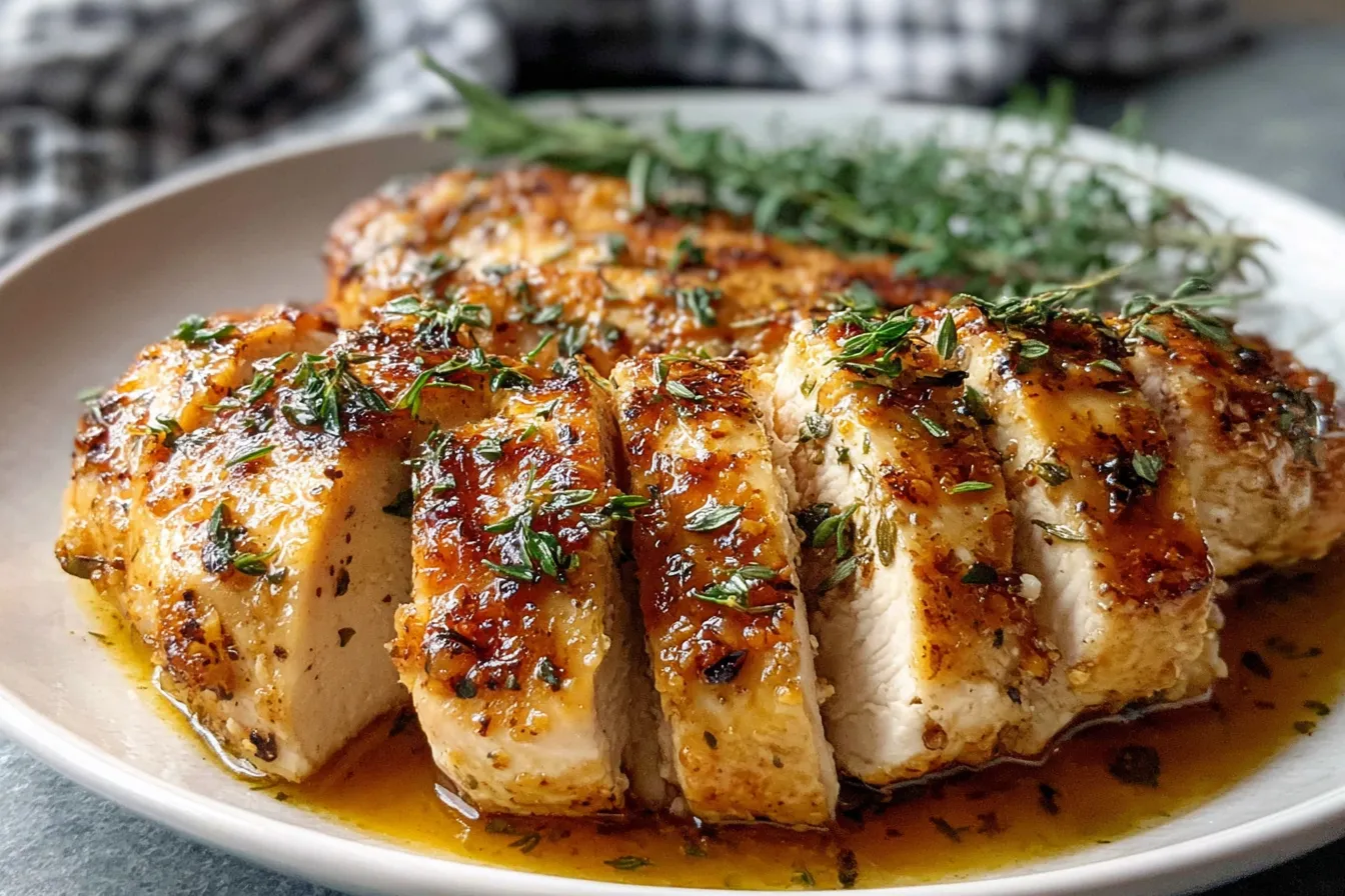 Juicy Slow Cooker Chicken Breast Recipe sliced and served with garlic herb butter sauce
