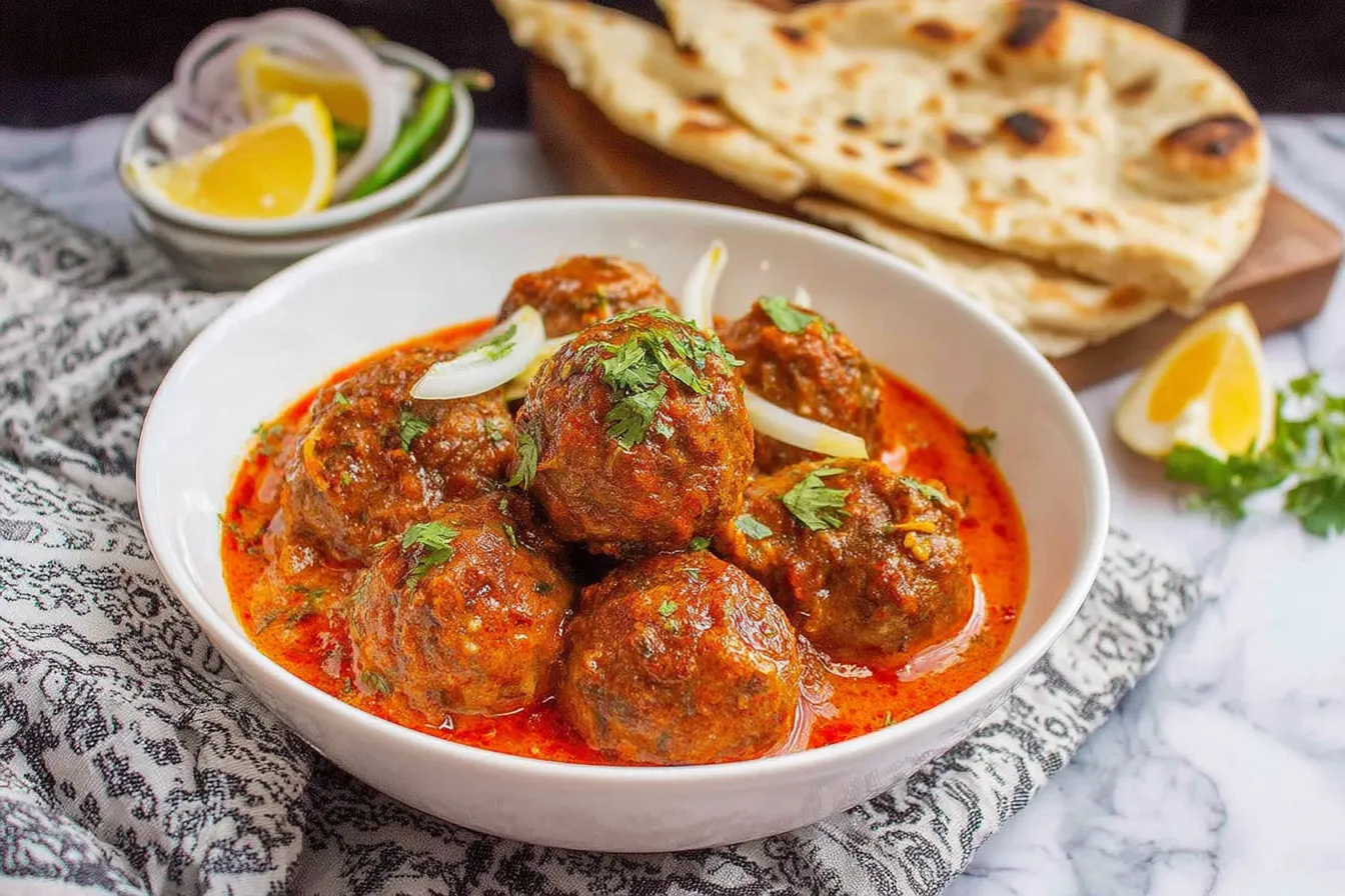 Kofta Curry meatball curry served with naan and fresh cilantro