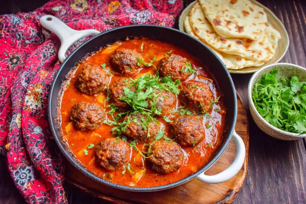 Kofta Curry with juicy beef meatballs simmered in a rich, spiced tomato sauce
