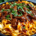 Korean Beef Noodles with tender beef chunks, silky noodles, and a savory sauce garnished with fresh herbs