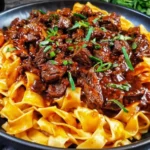 Korean Beef Noodles served in a black bowl with tender slow-cooked beef and wide noodles coated in a rich, glossy sauce