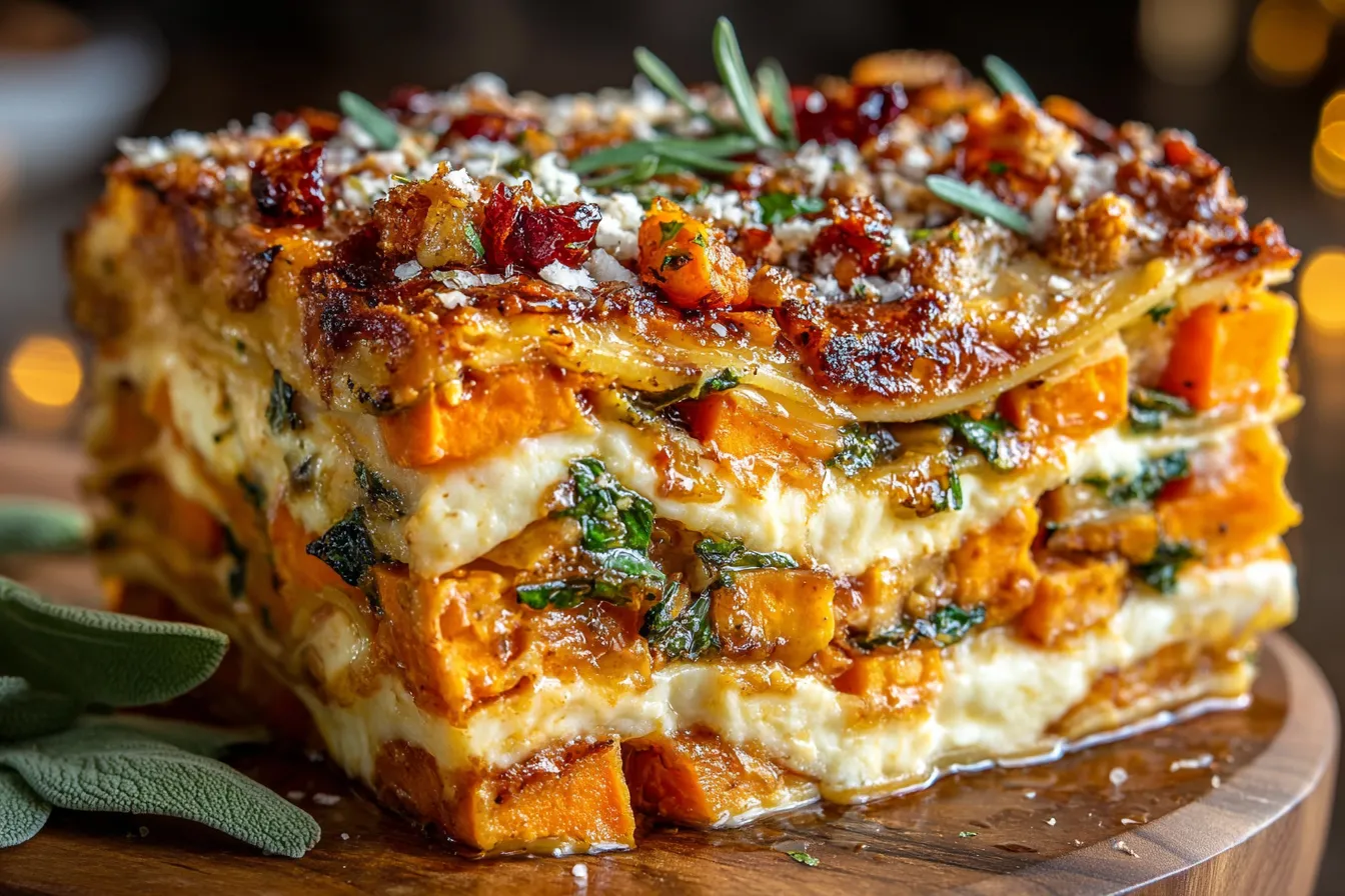 Layered Sweet Potato Butternut Squash Carrot Lasagna Recipe sliced and ready to serve