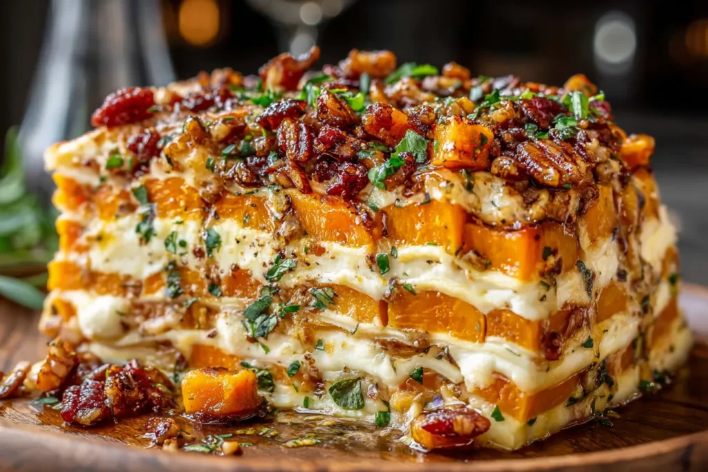 Layered Sweet Potato Butternut Squash Carrot Lasagna Recipe with feta, walnuts, and cranberry glaze