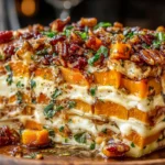 Layered Sweet Potato Butternut Squash Carrot Lasagna Recipe with feta, walnuts, and cranberry glaze