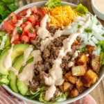 Loaded Burger Bowl Recipe with seasoned ground beef, roasted potatoes, avocado, cheese, lettuce, and special sauceLoaded Burger Bowl