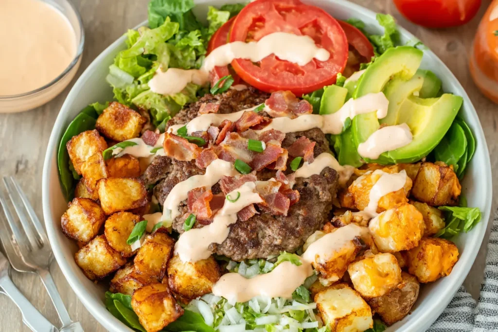 Loaded Burger Bowl  Recipe with beef patty, crispy potatoes, bacon, avocado, lettuce, and creamy special sauce