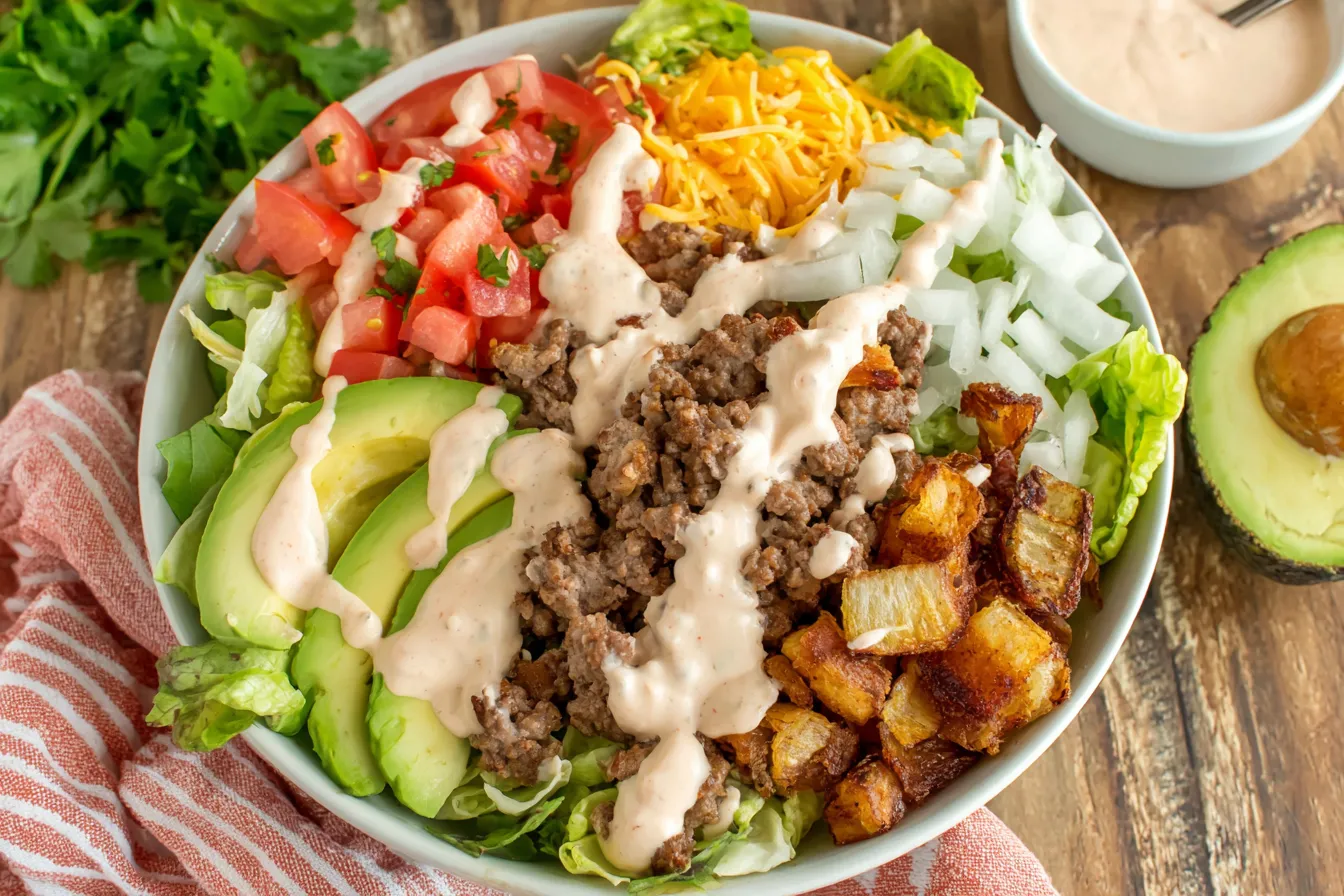 Loaded Burger Bowl Recipe with seasoned ground beef, roasted potatoes, avocado, cheese, lettuce, and special sauceLoaded Burger Bowl