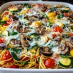 Loaded Veggie Spaghetti Bake in a white casserole dish with melted cheese and roasted vegetables