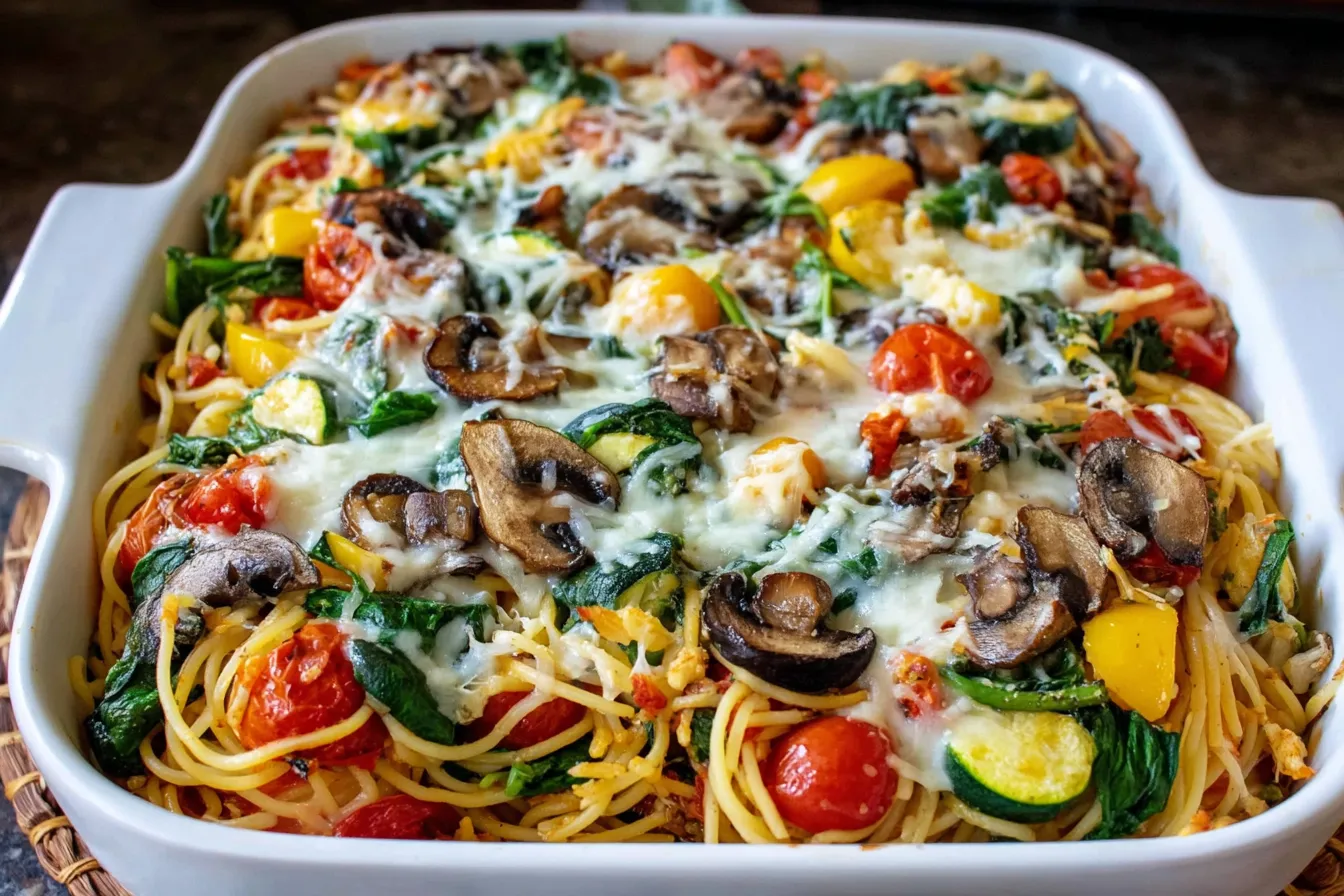 Loaded Veggie Spaghetti Bake in a white casserole dish with melted cheese and roasted vegetables