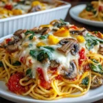 Loaded Veggie Spaghetti Bake served on a white plate with melted cheese and colorful vegetables