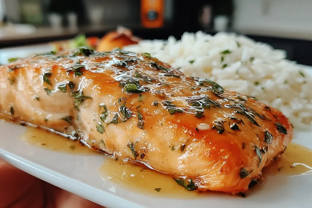 Marry Me Salmon baked with lemon garlic sauce served with fluffy white rice