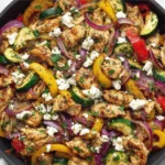 Mediterranean Chicken Stir Fry Recipe with zucchini, bell peppers, feta, and herbs cooked in a skillet
