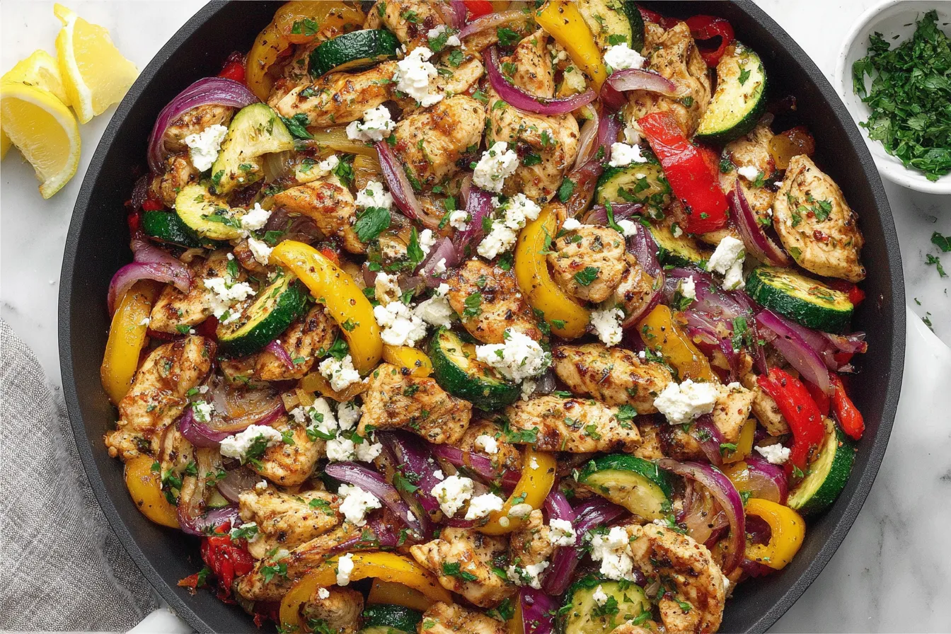 Mediterranean Chicken Stir Fry Recipe with zucchini, bell peppers, feta, and herbs cooked in a skillet