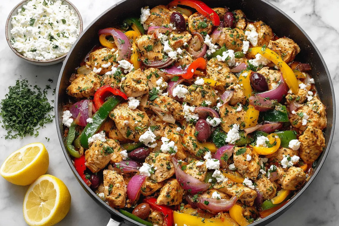 Mediterranean Chicken Stir Fry Recipe featuring tender chicken, zucchini, peppers, and feta cheese in one pan