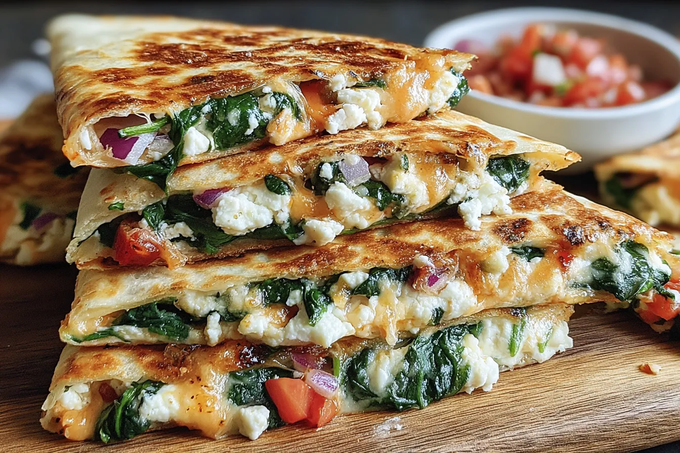 Mediterranean Quesadillas with Spinach, Feta, Mozzarella, and Red Onion sliced into wedges on a wooden board