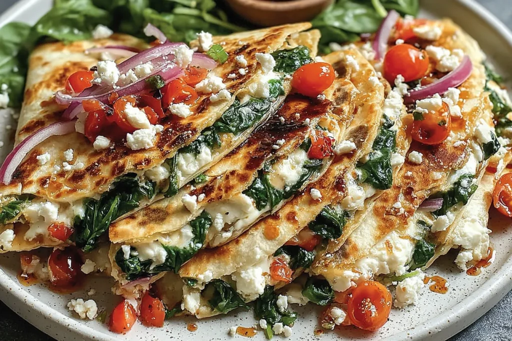 Mediterranean Quesadillas with Spinach, Feta, Mozzarella, and Red Onion stacked on a plate with cherry tomatoes and fresh spinach