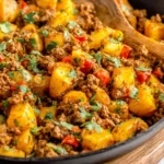 Close-up of Mexican Ground Beef and Potato Skillet with cheesy, spiced ground beef and tender potatoes ready to serve