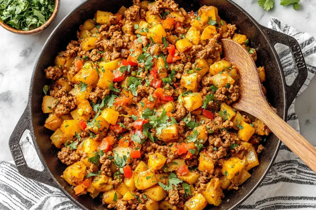 Mexican Ground Beef and Potato Skillet cooked in a cast iron pan with golden potatoes, seasoned ground beef, and fresh cilantro