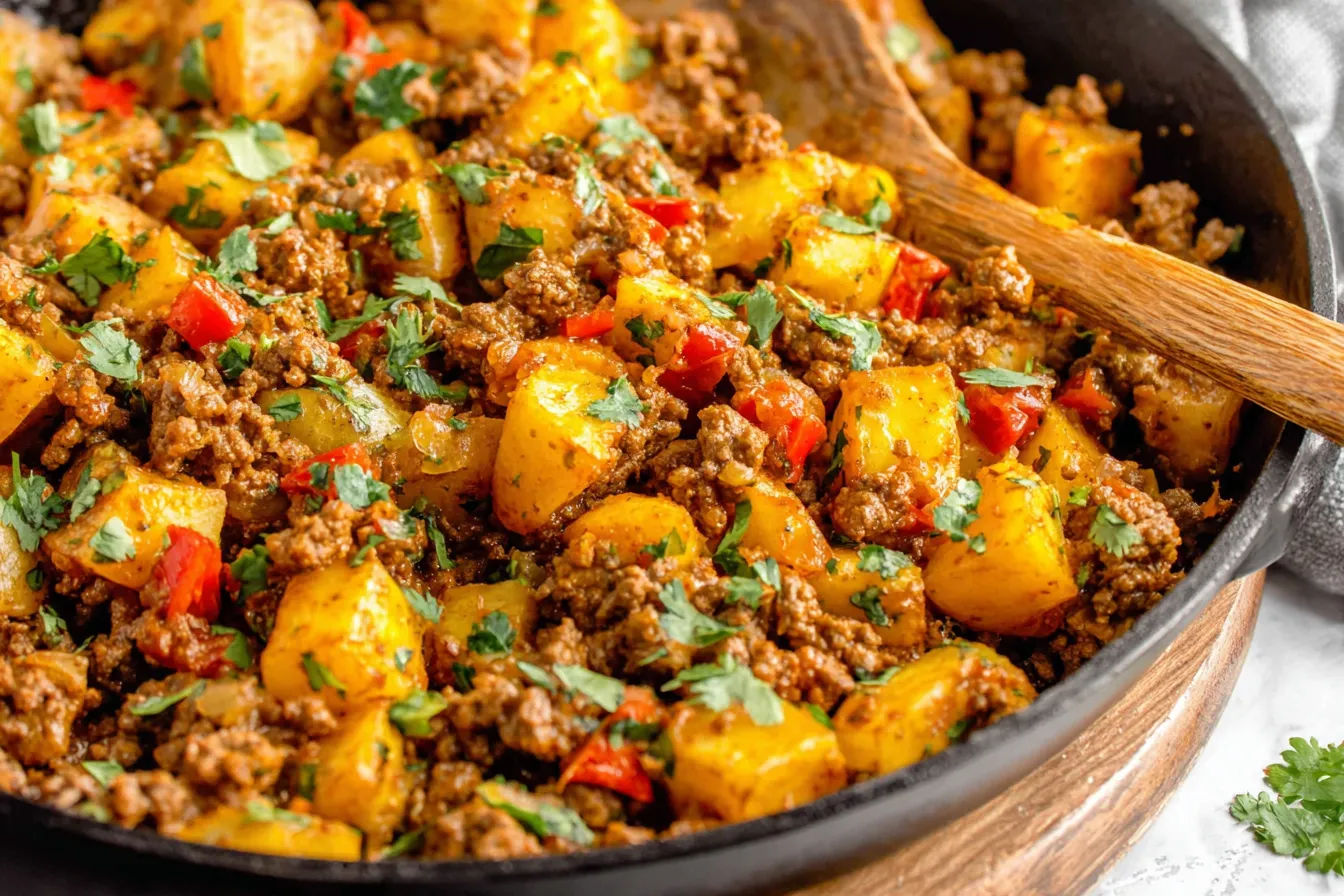 Close-up of Mexican Ground Beef and Potato Skillet with cheesy, spiced ground beef and tender potatoes ready to serve