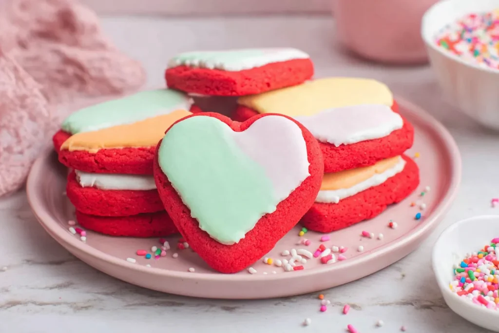 Red Velvet Sugar Cookies stacked on a pink plate with pastel royal icing hearts and colorful sprinkles