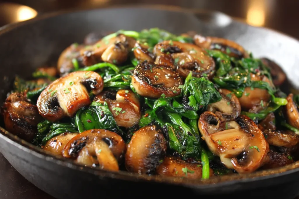 Sautéed Mushrooms with Spinach freshly cooked in a cast iron pan