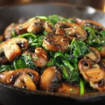 Sautéed Mushrooms with Spinach freshly cooked in a cast iron pan